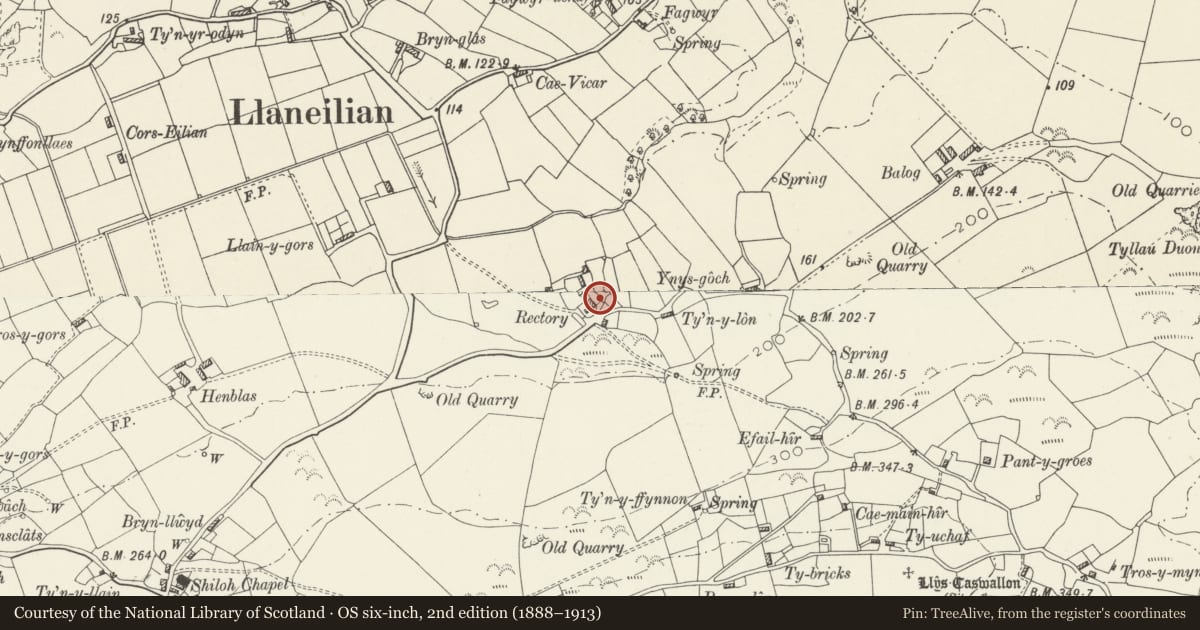 Ordnance Survey six-inch map, 2nd edition (1888–1913) covering the location of Garden wall, railings and gates at Rectory, Llaneilian, Isle of Anglesey, with a pin at the register's coordinates
