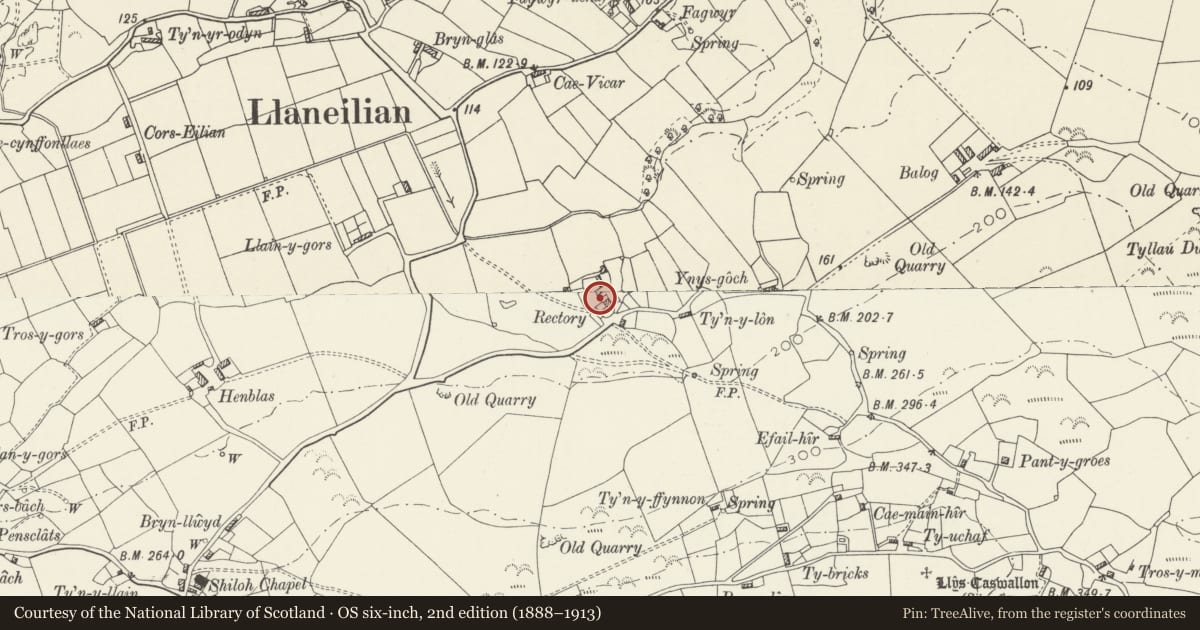 Ordnance Survey six-inch map, 2nd edition (1888–1913) covering the location of Privy block at Rectory, Llaneilian, Isle of Anglesey, with a pin at the register's coordinates