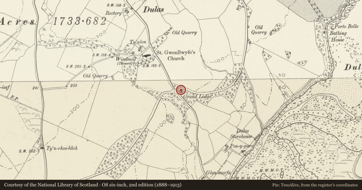 Ordnance Survey six-inch map, 2nd edition (1888–1913) covering the location of Grand Lodge, Llaneilian, Isle of Anglesey, with a pin at the register's coordinates