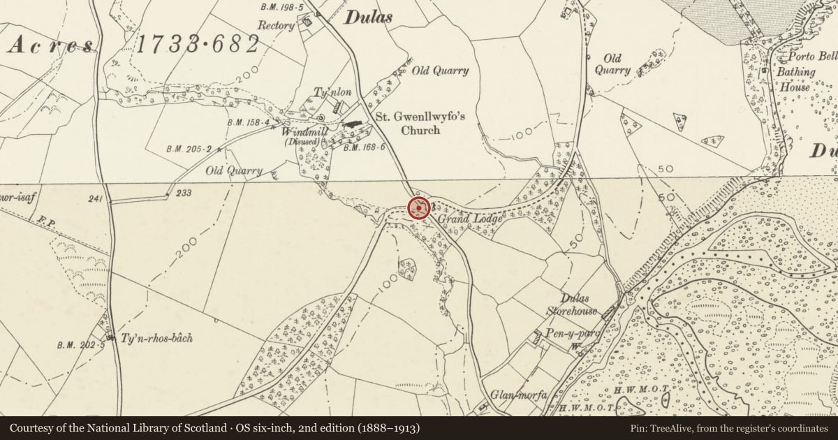Ordnance Survey six-inch map, 2nd edition (1888–1913) covering the location of Walls and railings at entrance opposite Grand Lodge, Llaneilian, Isle of Anglesey, with a pin at the register's coordinates