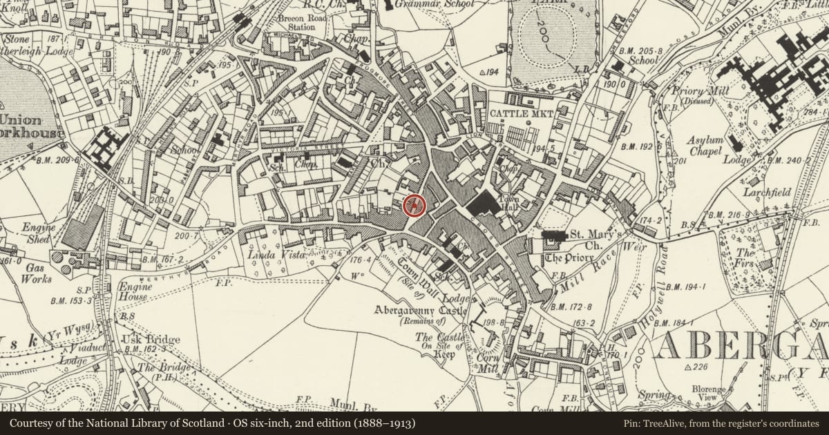 Ordnance Survey six-inch map, 2nd edition (1888–1913) covering the location of 21 Nevill Street, Abergavenny, Monmouthshire, with a pin at the register's coordinates