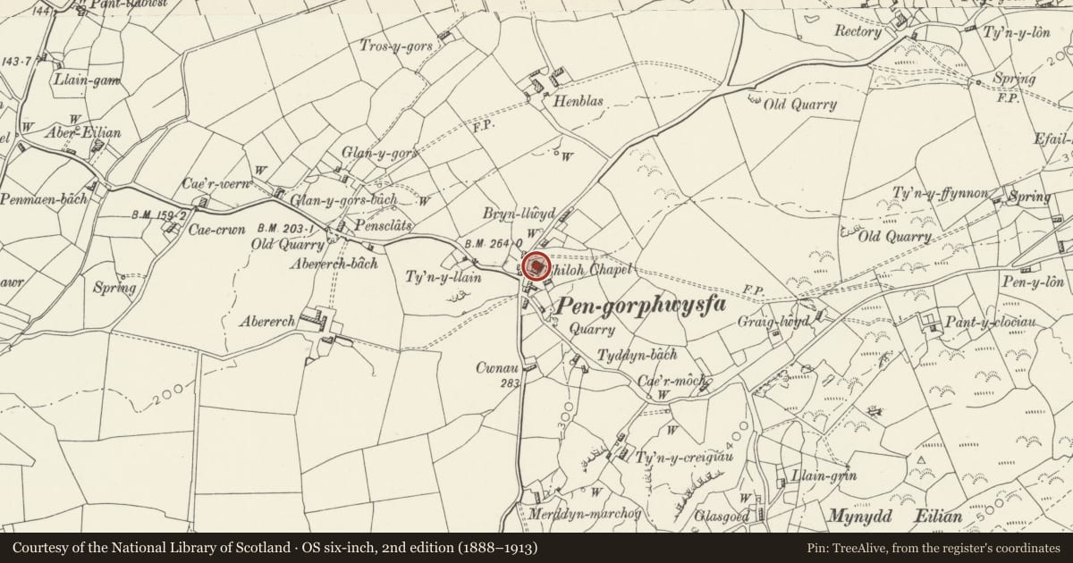Ordnance Survey six-inch map, 2nd edition (1888–1913) covering the location of Shiloh Chapel and schoolroom, Llaneilian, Isle of Anglesey, with a pin at the register's coordinates
