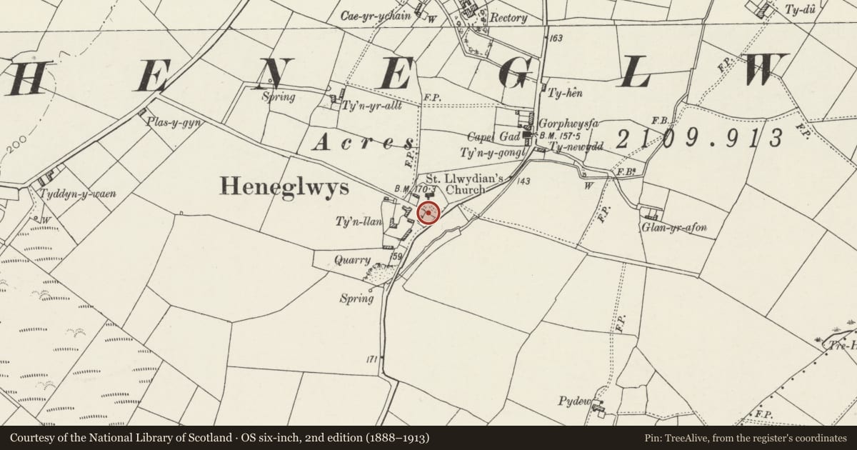 Ordnance Survey six-inch map, 2nd edition (1888–1913) covering the location of Churchyard wall and gateways, Church of St Llwydian, Bodffordd, Isle of Anglesey, with a pin at the register's coordinates