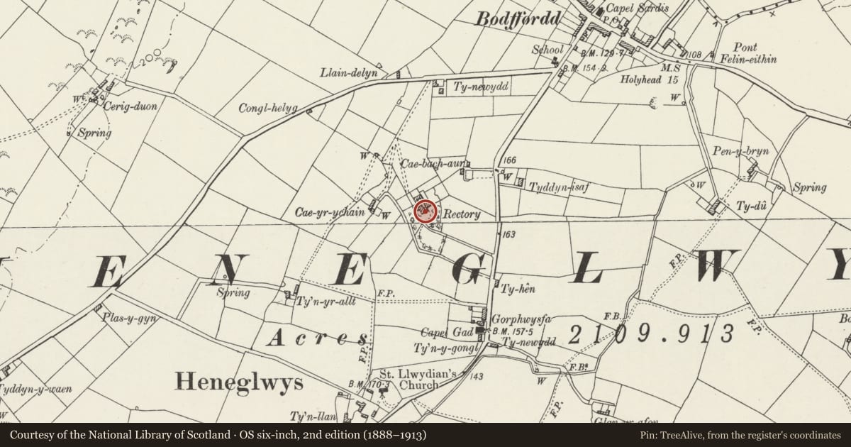 Ordnance Survey six-inch map, 2nd edition (1888–1913) covering the location of Bryn Hyfryd, Bodffordd, Isle of Anglesey, with a pin at the register's coordinates