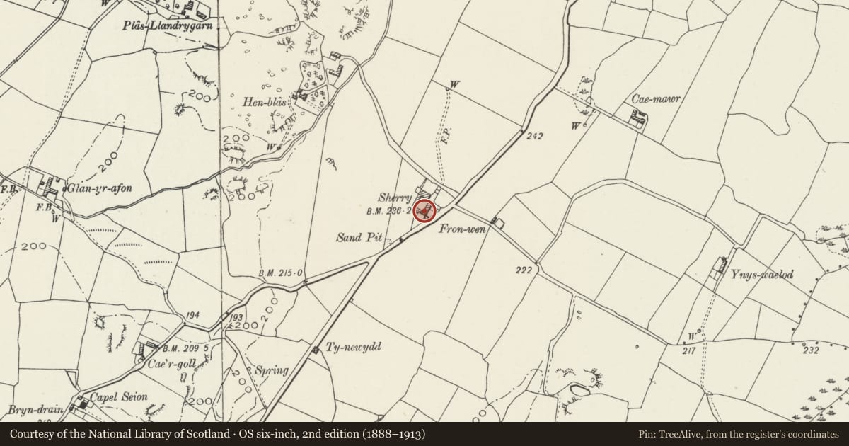 Ordnance Survey six-inch map, 2nd edition (1888–1913) covering the location of Sherry, Bodffordd, Isle of Anglesey, with a pin at the register's coordinates