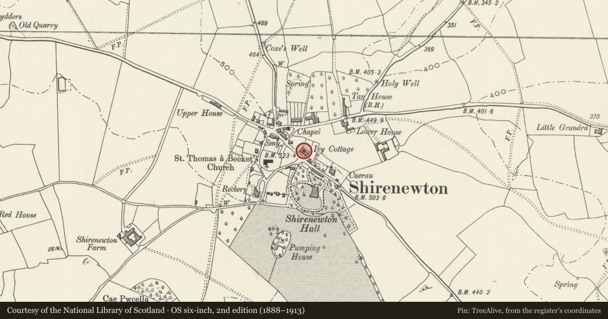Ordnance Survey six-inch map, 2nd edition (1888–1913) covering the location of The Old Rectory, Shirenewton, Monmouthshire, with a pin at the register's coordinates
