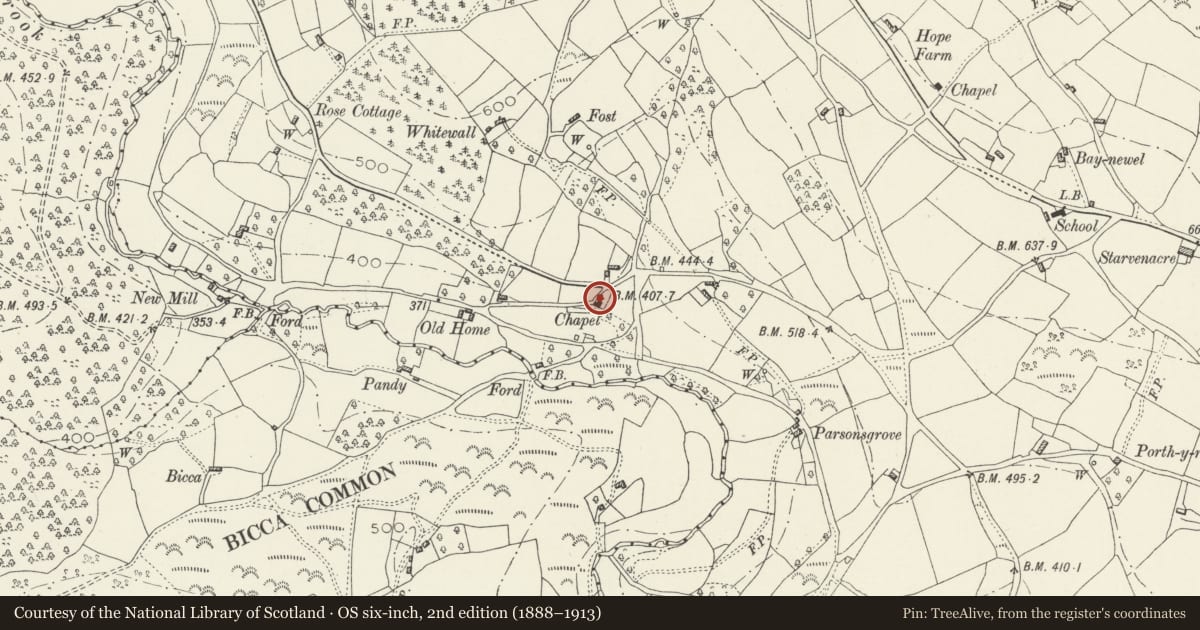 Ordnance Survey six-inch map, 2nd edition (1888–1913) covering the location of Earlswood Valley Methodist Chapel, Shirenewton, Monmouthshire, with a pin at the register's coordinates