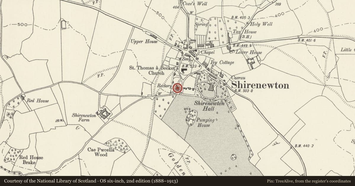 Ordnance Survey six-inch map, 2nd edition (1888–1913) covering the location of Cae-pw-cella including attached milestone, Shirenewton, Monmouthshire, with a pin at the register's coordinates