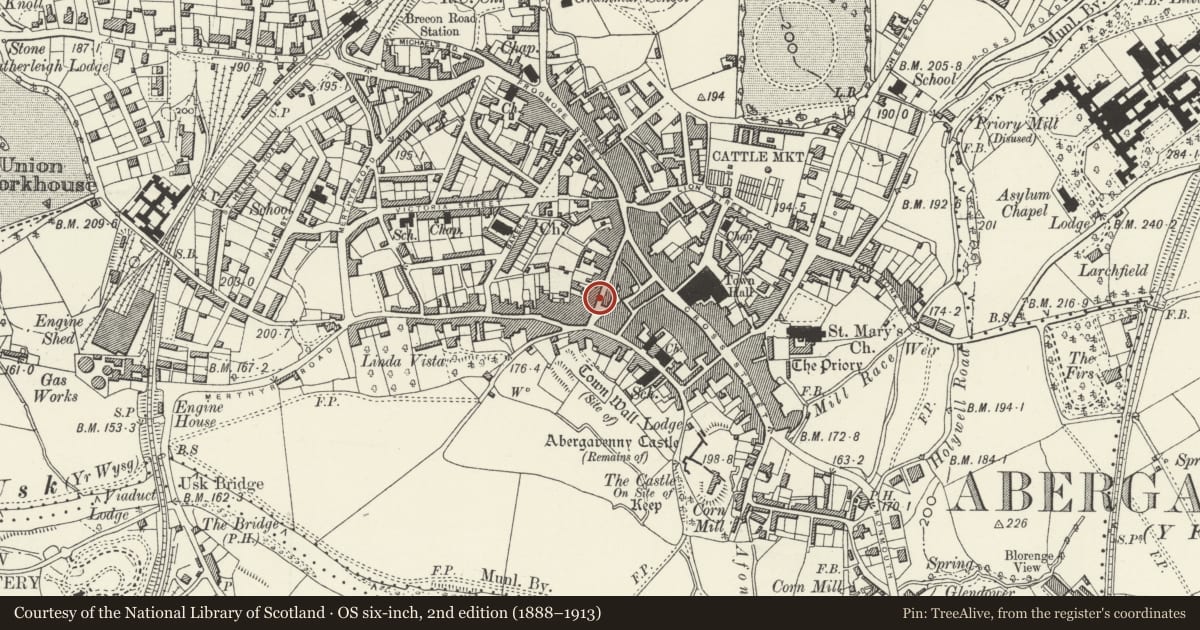 Ordnance Survey six-inch map, 2nd edition (1888–1913) covering the location of 23 Nevill Street, Abergavenny, Monmouthshire, with a pin at the register's coordinates