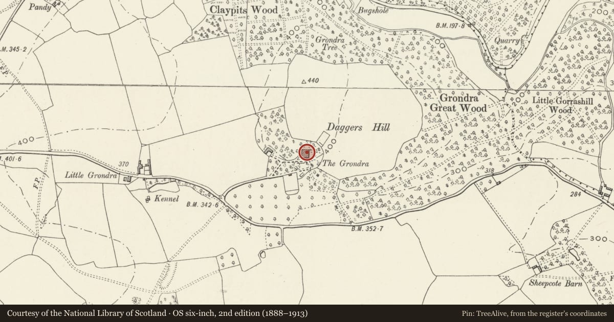 Ordnance Survey six-inch map, 2nd edition (1888–1913) covering the location of The Grondra, Shirenewton, Monmouthshire, with a pin at the register's coordinates