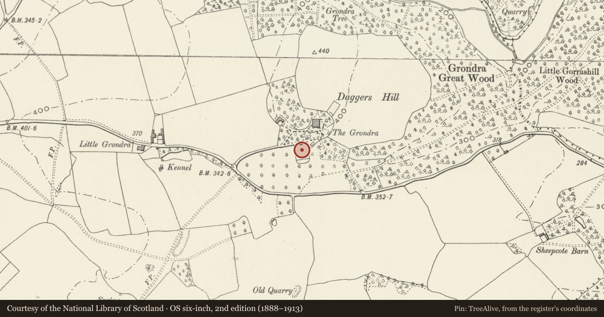 Ordnance Survey six-inch map, 2nd edition (1888–1913) covering the location of Walls of Walled Garden at The Grondra, Shirenewton, Monmouthshire, with a pin at the register's coordinates