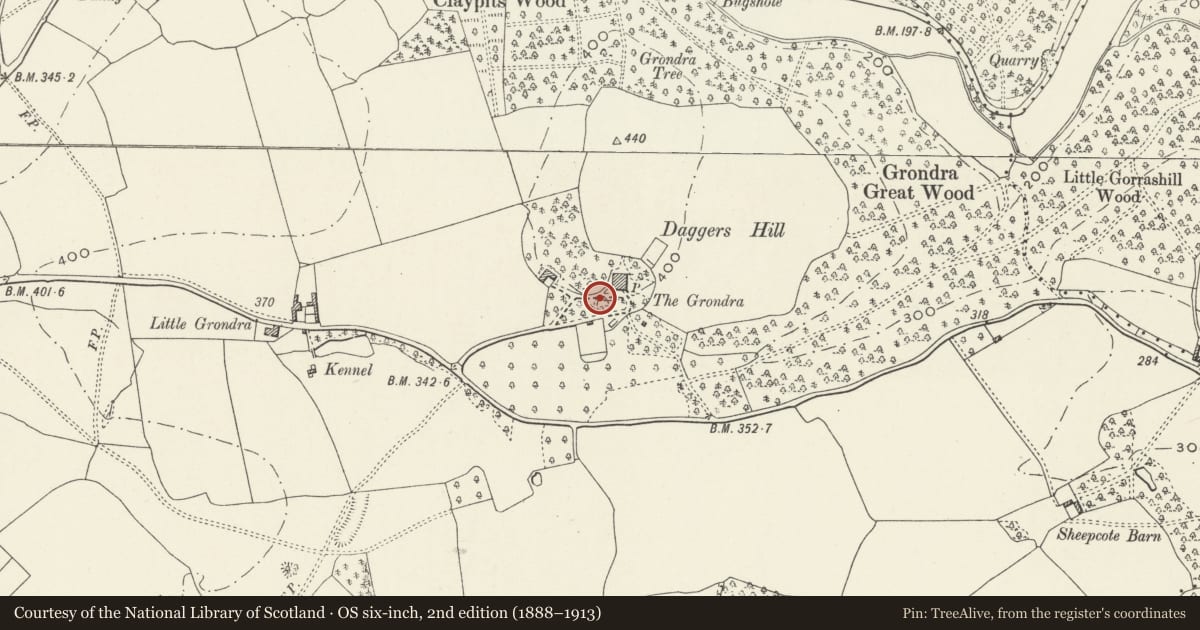 Ordnance Survey six-inch map, 2nd edition (1888–1913) covering the location of Icehouse at The Grondra, Shirenewton, Monmouthshire, with a pin at the register's coordinates