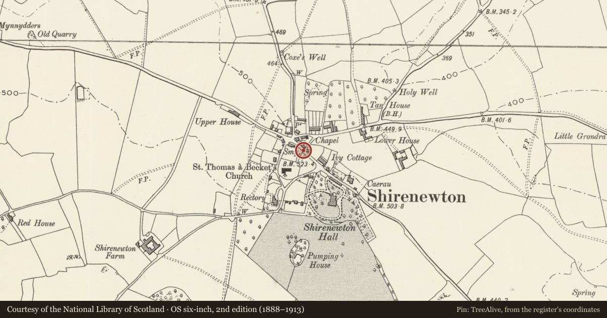Ordnance Survey six-inch map, 2nd edition (1888–1913) covering the location of War Memorial, Shirenewton, Monmouthshire, with a pin at the register's coordinates