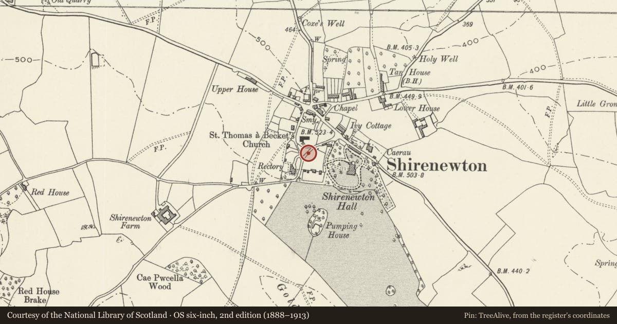Ordnance Survey six-inch map, 2nd edition (1888–1913) covering the location of Garden Wall of Stoneycroft House (old Walled Garden at Shirenewton Hall), Monmouthshire, with a pin at the register's coordinates