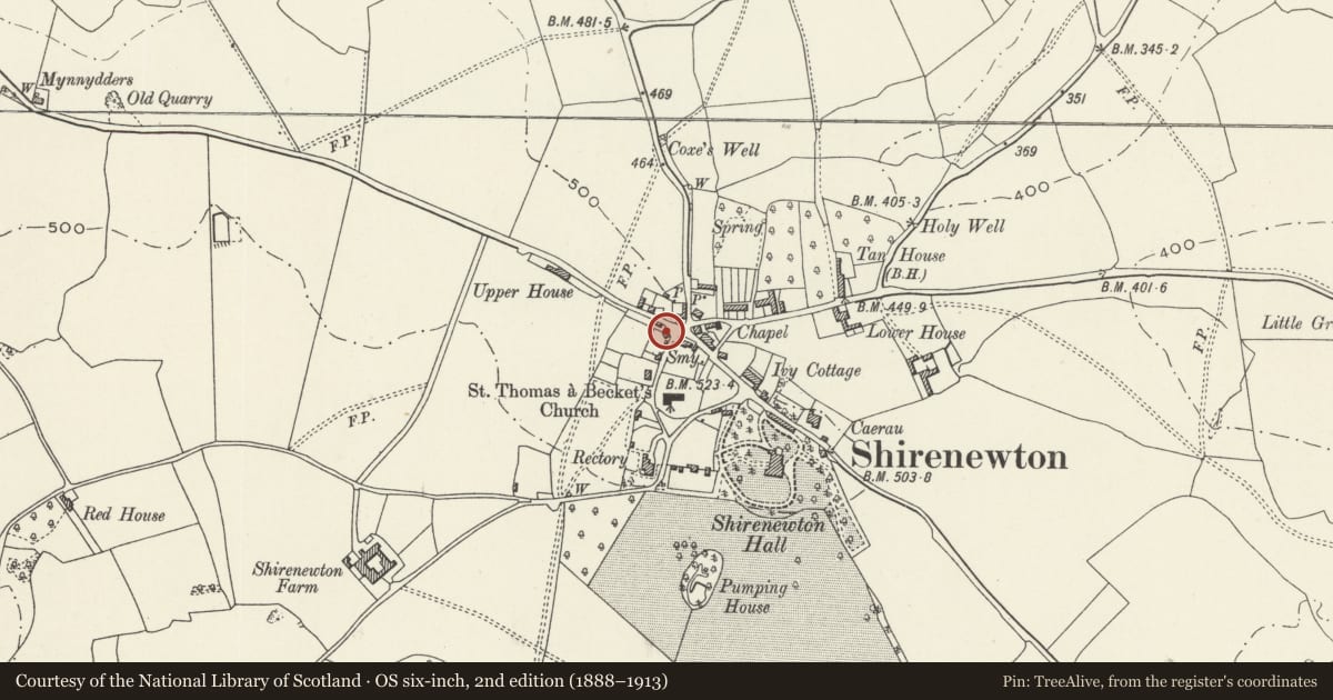 Ordnance Survey six-inch map, 2nd edition (1888–1913) covering the location of Newton Lodge, Shirenewton, Monmouthshire, with a pin at the register's coordinates