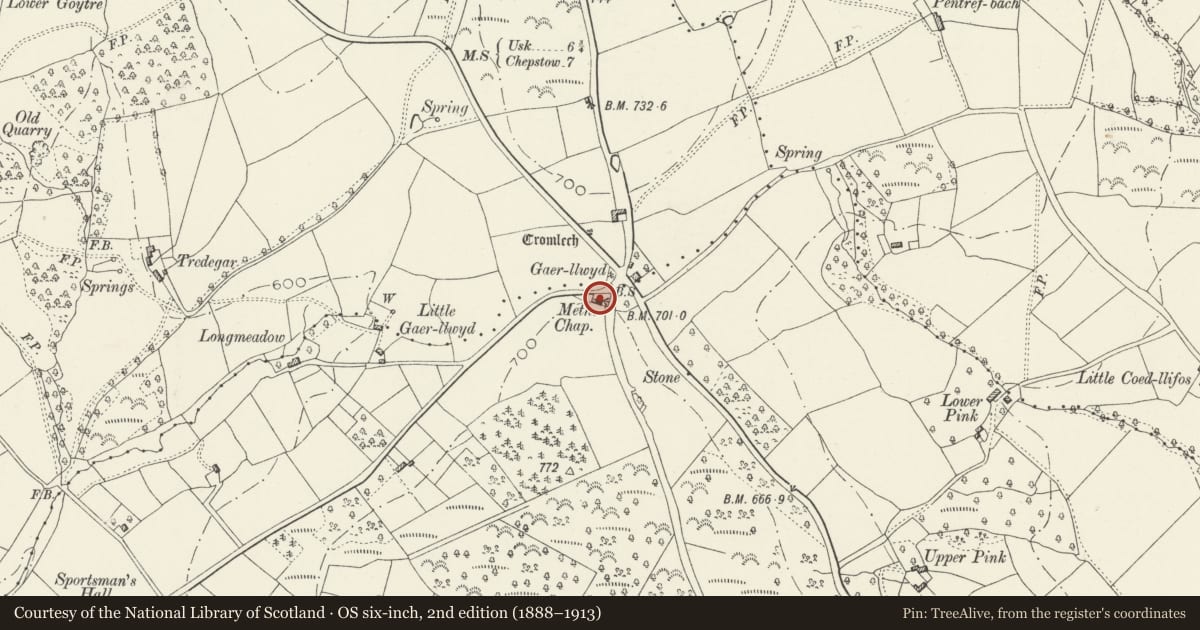 Ordnance Survey six-inch map, 2nd edition (1888–1913) covering the location of Gaerllwyd Baptist Church, Shirenewton, Monmouthshire, with a pin at the register's coordinates