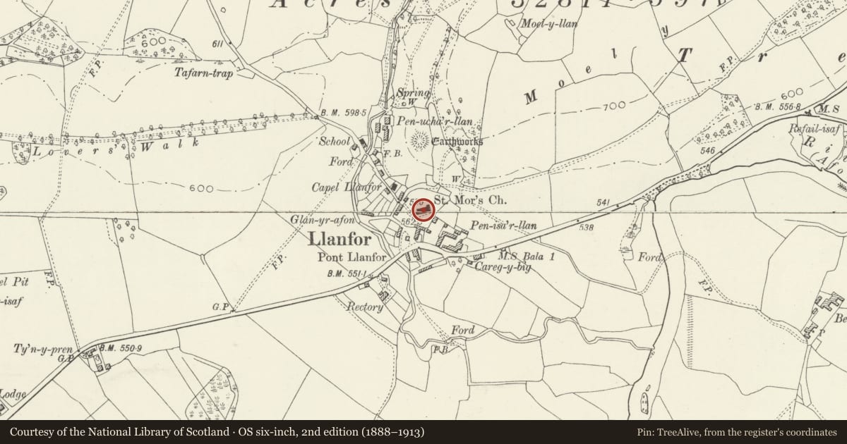 Ordnance Survey six-inch map, 2nd edition (1888–1913) covering the location of Parish Church of St Mor, Llandderfel, Gwynedd, with a pin at the register's coordinates