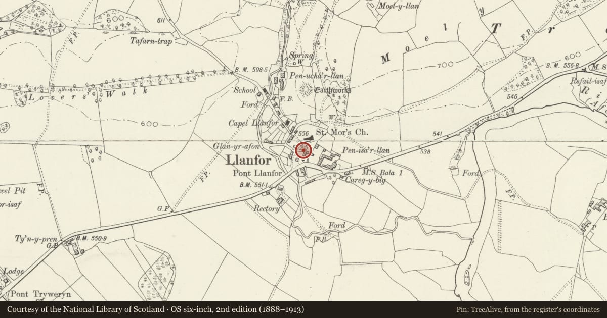 Ordnance Survey six-inch map, 2nd edition (1888–1913) covering the location of Lychgate and adjoining Churchyard Revetment Wall at the Parish Church of St Mor, Llandderfel, Gwynedd, with a pin at the register's coordinates