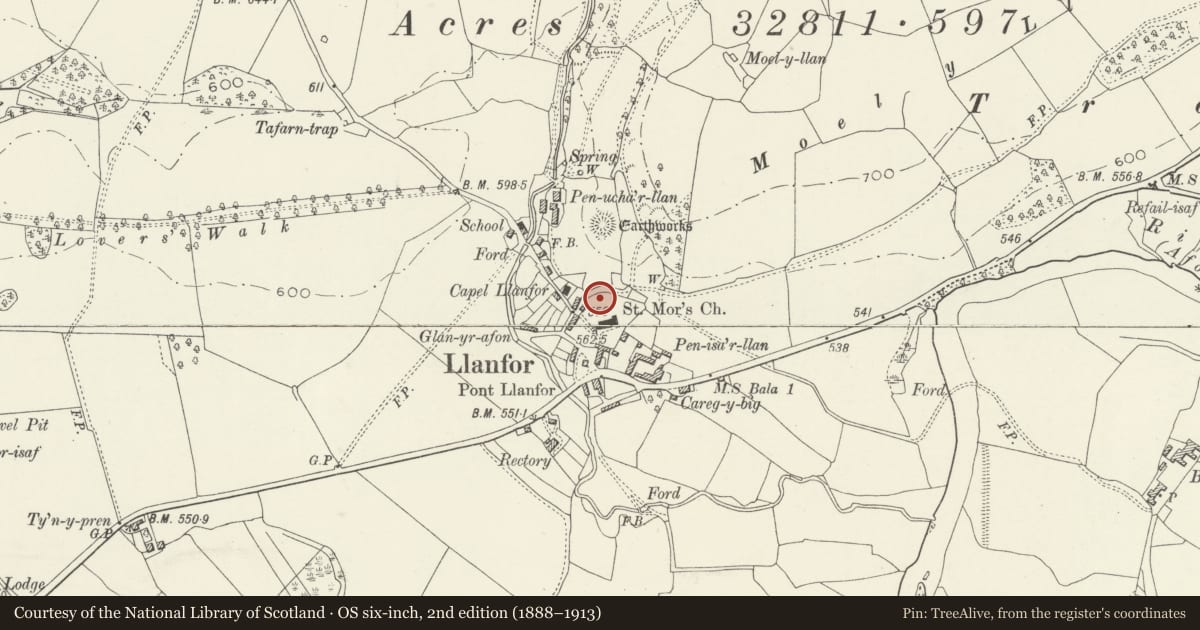 Ordnance Survey six-inch map, 2nd edition (1888–1913) covering the location of Price Mausoleum at the Parish Church of St Mor, Llandderfel, Gwynedd, with a pin at the register's coordinates