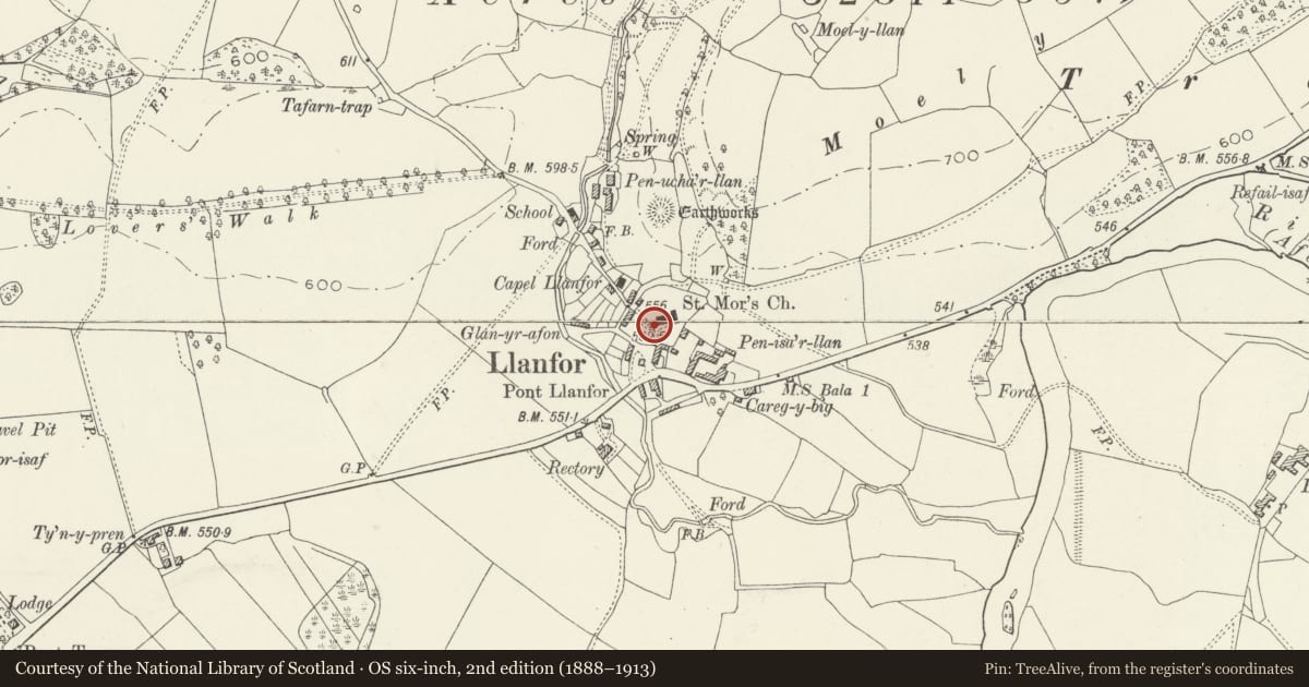 Ordnance Survey six-inch map, 2nd edition (1888–1913) covering the location of Sundial Base at the Parish Church of St Mor, Llandderfel, Gwynedd, with a pin at the register's coordinates