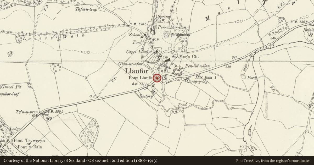 Ordnance Survey six-inch map, 2nd edition (1888–1913) covering the location of Pont Llanfor, Llandderfel, Gwynedd, with a pin at the register's coordinates