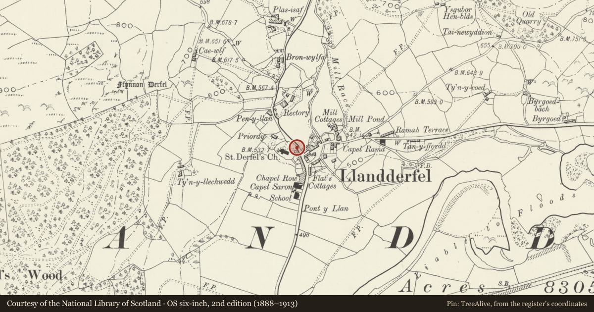Ordnance Survey six-inch map, 2nd edition (1888–1913) covering the location of Lychgate at the Parish Church of St Derfel, Llandderfel, Gwynedd, with a pin at the register's coordinates