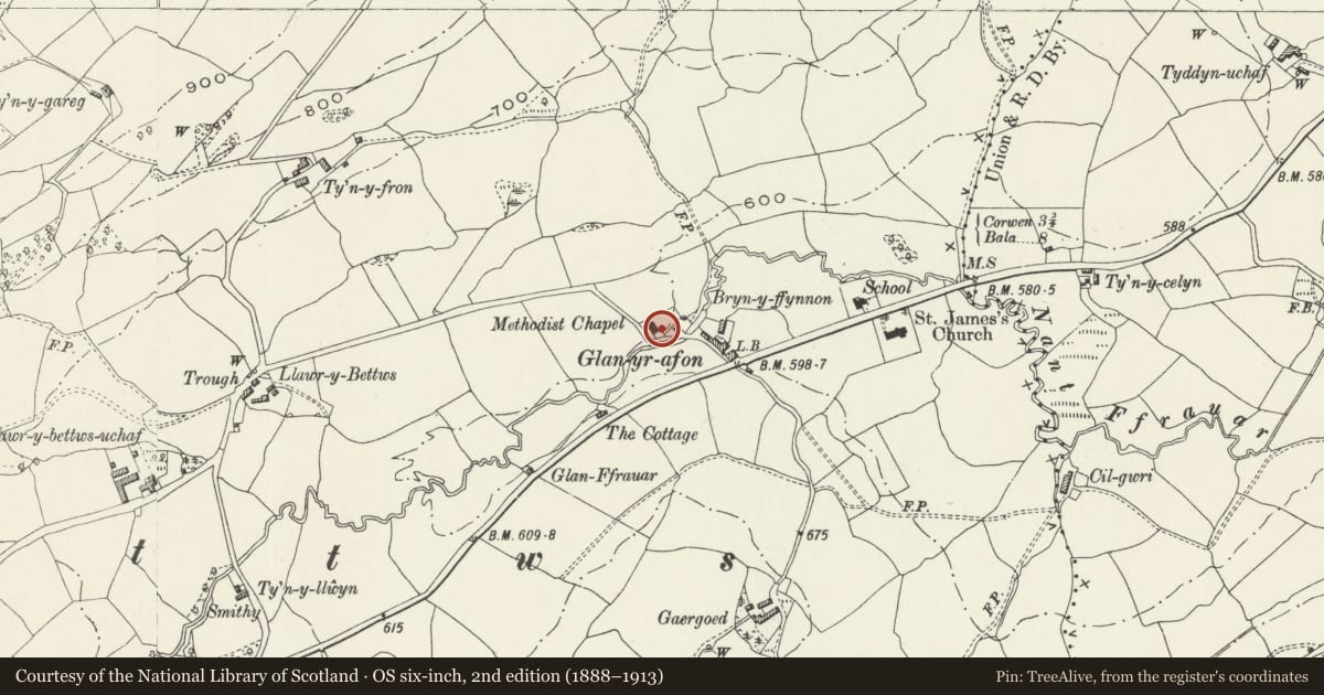 Ordnance Survey six-inch map, 2nd edition (1888–1913) covering the location of Llawrybettws Chapel, Llandderfel, Gwynedd, with a pin at the register's coordinates