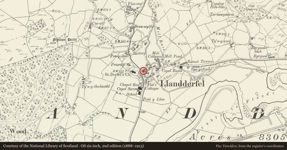 Ordnance Survey six-inch map, 2nd edition (1888–1913) covering the location of Cross Keys, Llandderfel, Gwynedd, with a pin at the register's coordinates