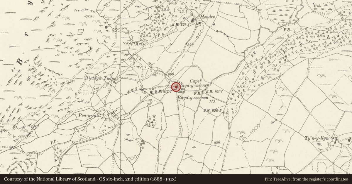 Ordnance Survey six-inch map, 2nd edition (1888–1913) covering the location of Rhydywernen Chapel including forecourt walls and railings, Llandderfel, Gwynedd, with a pin at the register's coordinates