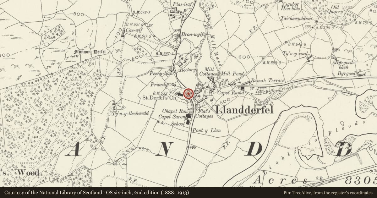 Ordnance Survey six-inch map, 2nd edition (1888–1913) covering the location of Glascoed, Llandderfel, Gwynedd, with a pin at the register's coordinates