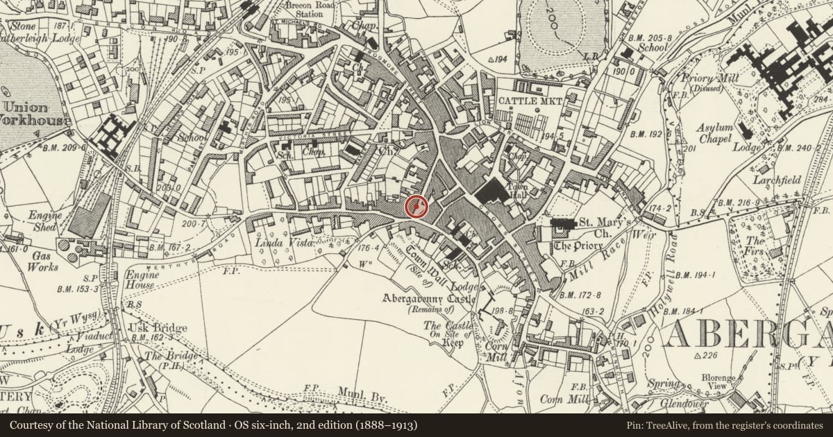 Ordnance Survey six-inch map, 2nd edition (1888–1913) covering the location of 27 Nevill Street, Abergavenny, Monmouthshire, with a pin at the register's coordinates