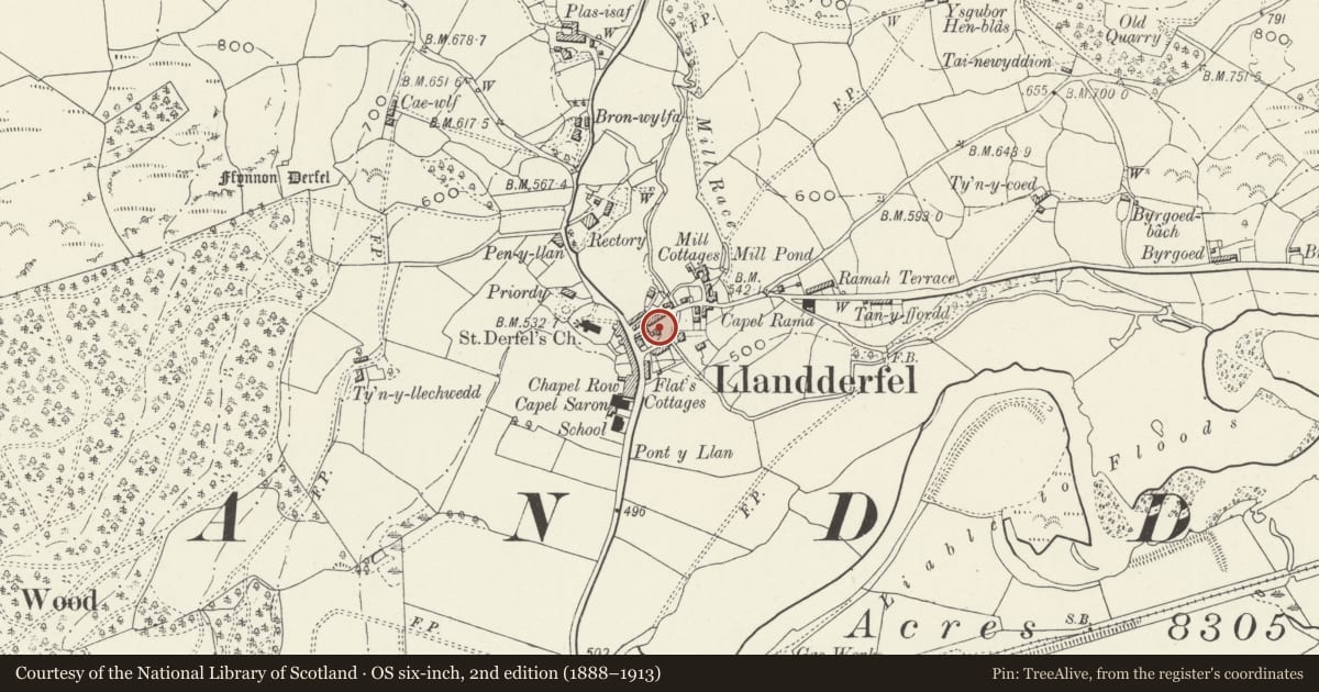 Ordnance Survey six-inch map, 2nd edition (1888–1913) covering the location of Former School Hall including adjoining Garden Wall to SW, Llandderfel, Gwynedd, with a pin at the register's coordinates