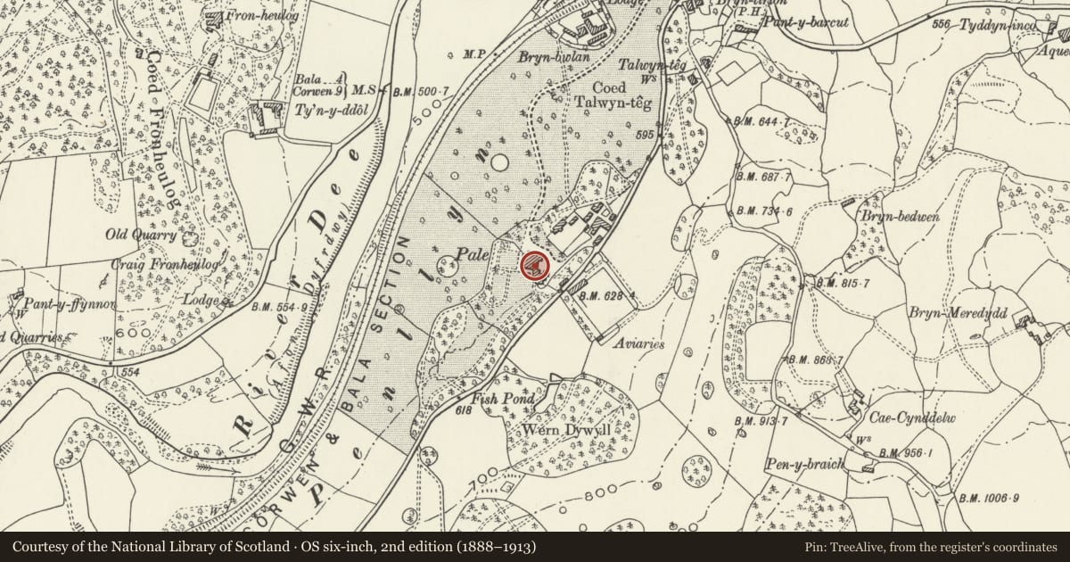 Ordnance Survey six-inch map, 2nd edition (1888–1913) covering the location of Pale Hall, Llandderfel, Gwynedd, with a pin at the register's coordinates