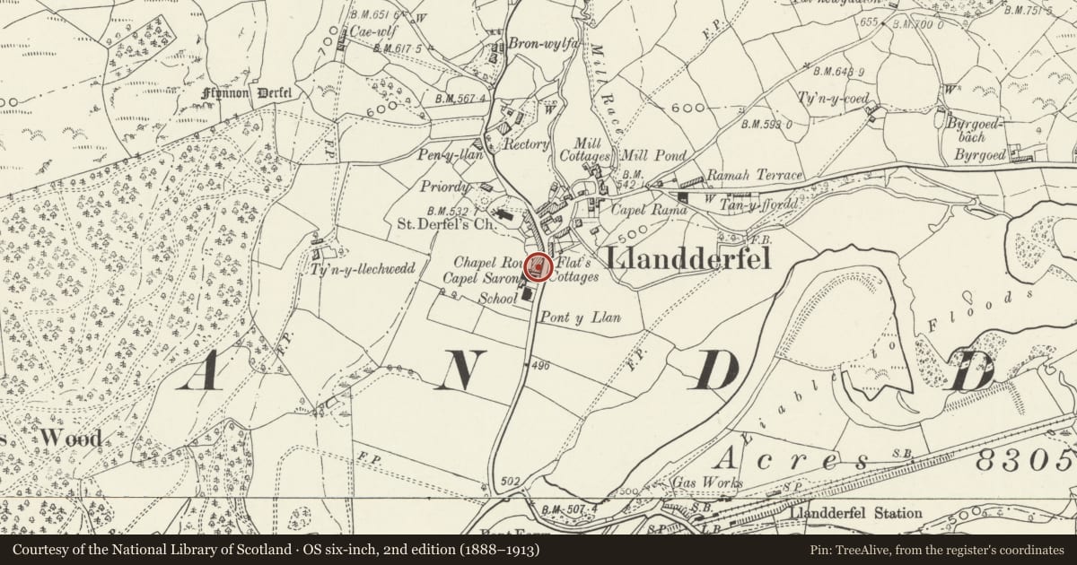 Ordnance Survey six-inch map, 2nd edition (1888–1913) covering the location of Tegfan, Llandderfel, Gwynedd, with a pin at the register's coordinates