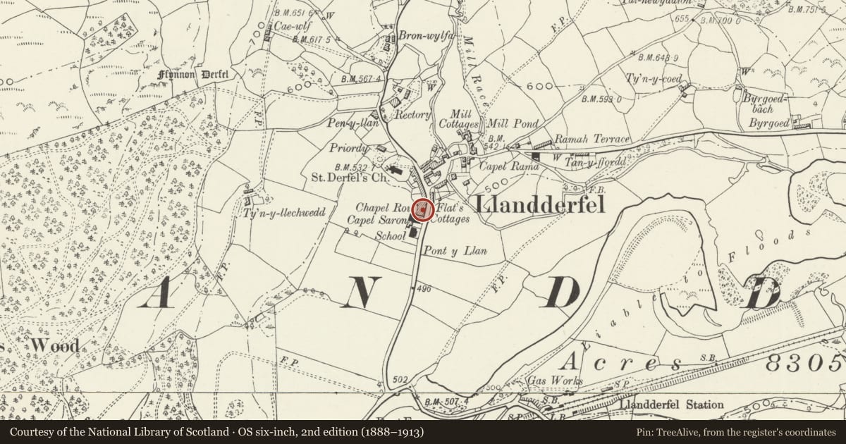 Ordnance Survey six-inch map, 2nd edition (1888–1913) covering the location of 2 Chapel Row, Llandderfel, Gwynedd, with a pin at the register's coordinates