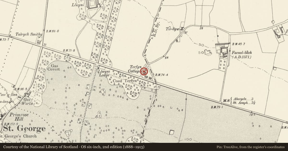 Ordnance Survey six-inch map, 2nd edition (1888–1913) covering the location of 3 Terfyn Cottages, Bodelwyddan, Denbighshire, with a pin at the register's coordinates