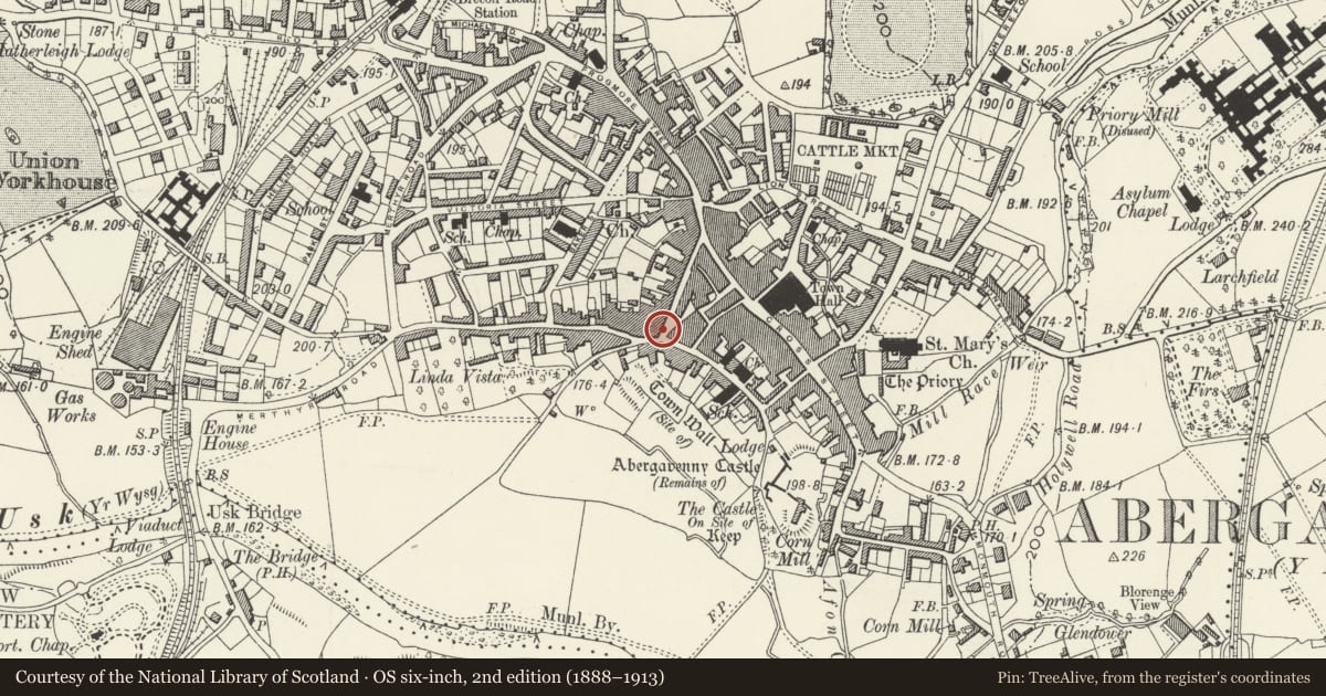 Ordnance Survey six-inch map, 2nd edition (1888–1913) covering the location of Kings Arms PH, Abergavenny, Monmouthshire, with a pin at the register's coordinates