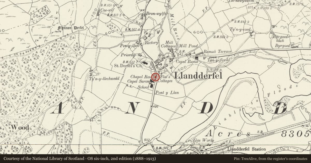 Ordnance Survey six-inch map, 2nd edition (1888–1913) covering the location of 3 Chapel Row, Llandderfel, Gwynedd, with a pin at the register's coordinates