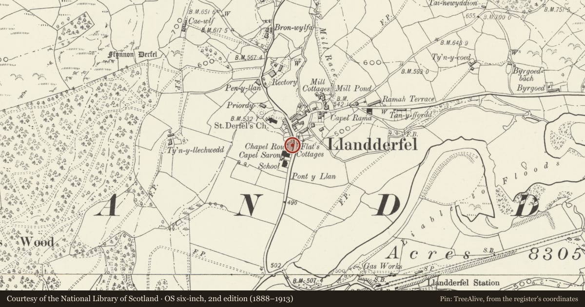 Ordnance Survey six-inch map, 2nd edition (1888–1913) covering the location of 4 Chapel Row, Llandderfel, Gwynedd, with a pin at the register's coordinates