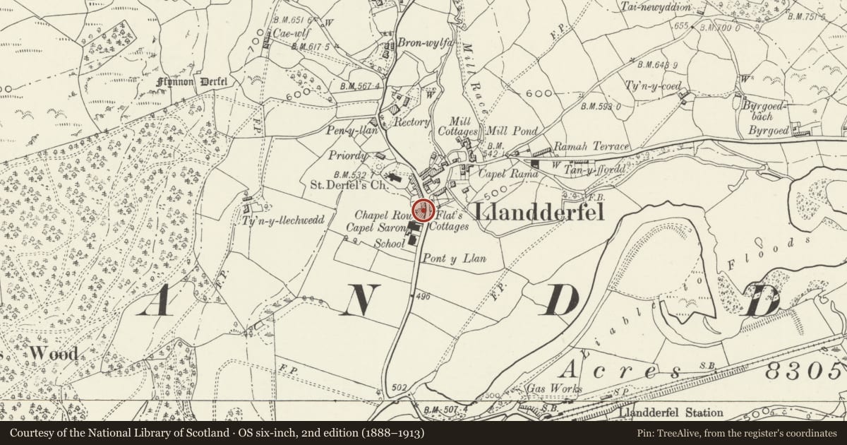 Ordnance Survey six-inch map, 2nd edition (1888–1913) covering the location of 5 Chapel Row, Llandderfel, Gwynedd, with a pin at the register's coordinates