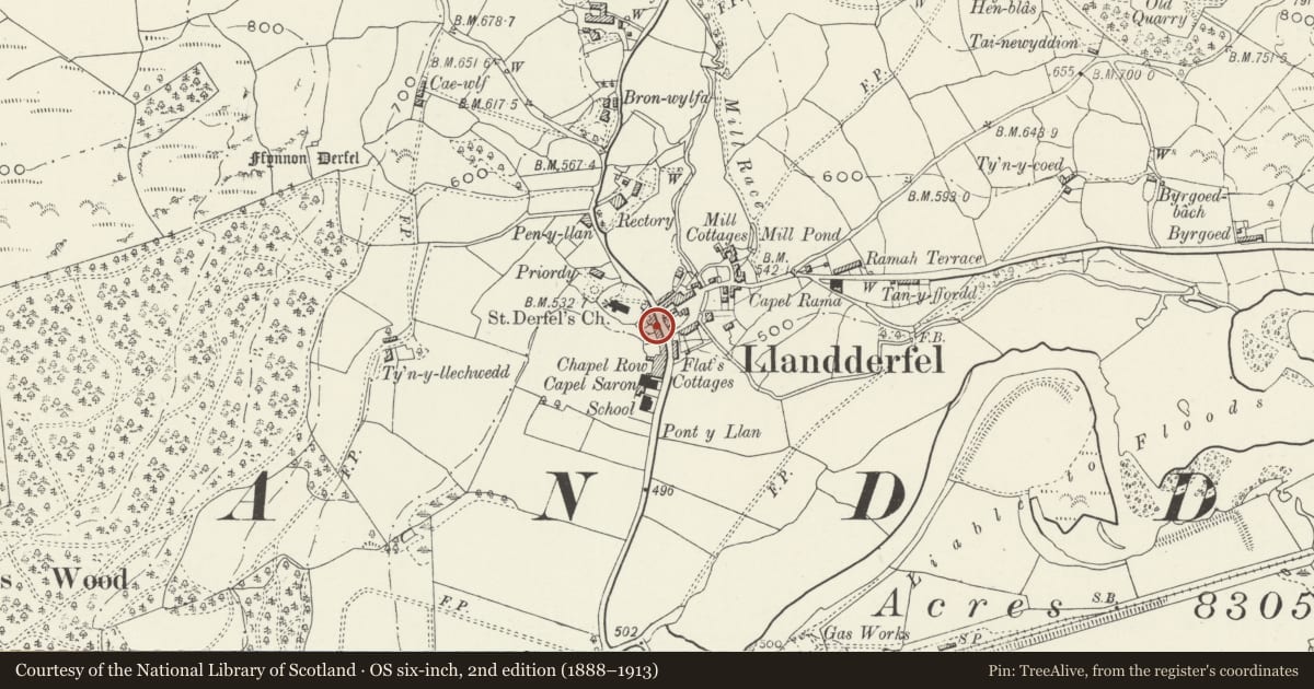 Ordnance Survey six-inch map, 2nd edition (1888–1913) covering the location of 9 Church Street, Llandderfel, Gwynedd, with a pin at the register's coordinates