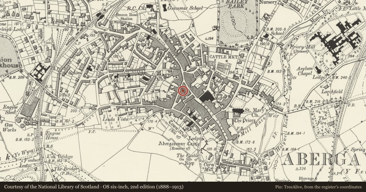 Ordnance Survey six-inch map, 2nd edition (1888–1913) covering the location of Royal British Legion, Abergavenny, Monmouthshire, with a pin at the register's coordinates