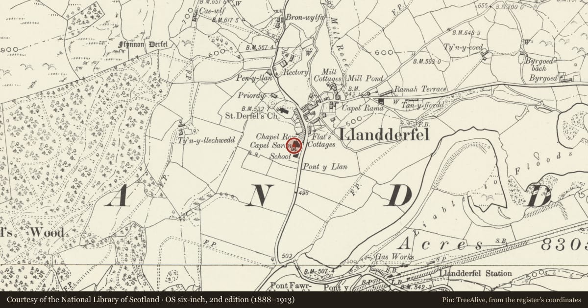 Ordnance Survey six-inch map, 2nd edition (1888–1913) covering the location of Islwyn (formerly known as Ty Isa), Llandderfel, Gwynedd, with a pin at the register's coordinates