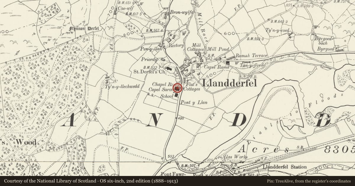 Ordnance Survey six-inch map, 2nd edition (1888–1913) covering the location of Calvinistic Methodist Chapel, Llandderfel, Gwynedd, with a pin at the register's coordinates