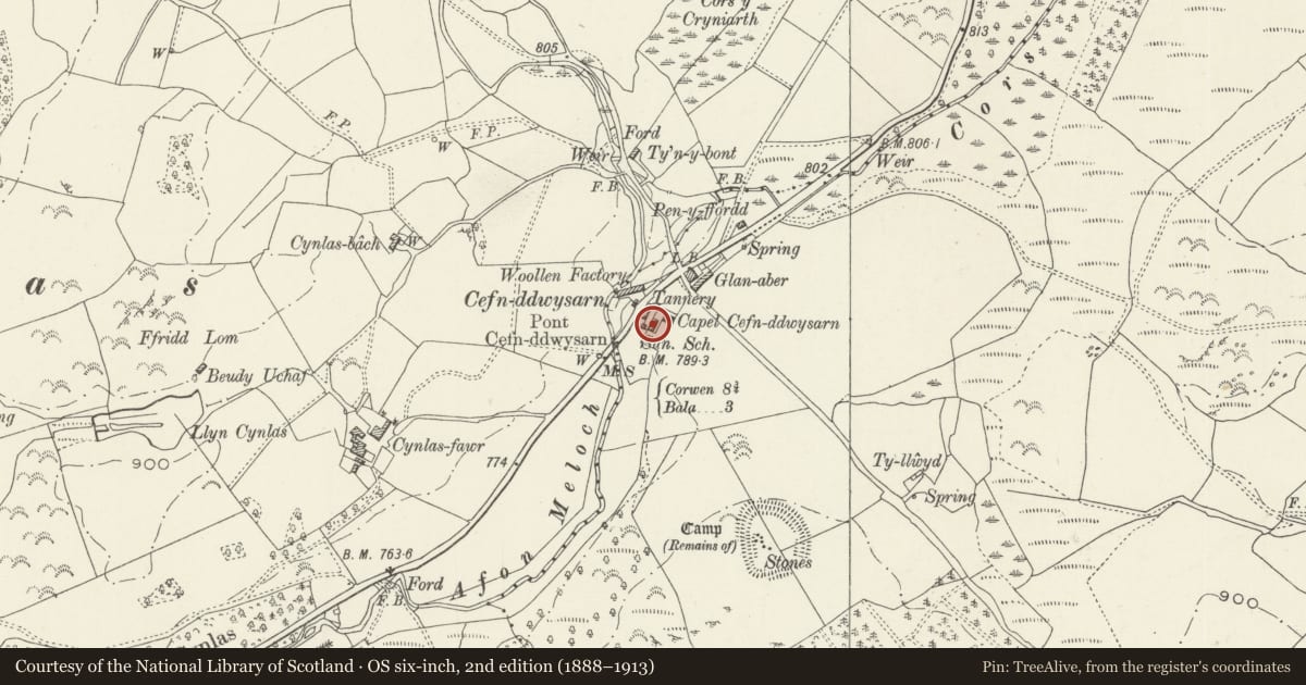 Ordnance Survey six-inch map, 2nd edition (1888–1913) covering the location of Former Chapel and Manse at Cefn-ddwysarn, Llandderfel, Gwynedd, with a pin at the register's coordinates