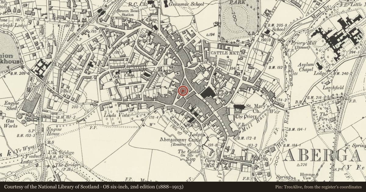 Ordnance Survey six-inch map, 2nd edition (1888–1913) covering the location of The Trading Post, Abergavenny, Monmouthshire, with a pin at the register's coordinates