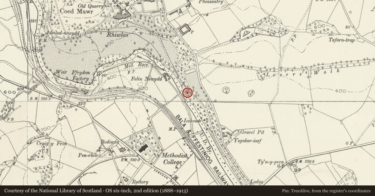 Ordnance Survey six-inch map, 2nd edition (1888–1913) covering the location of Ice House at Rhiwlas, Llandderfel, Gwynedd, with a pin at the register's coordinates