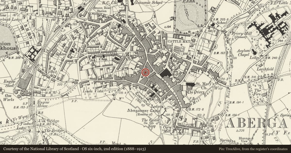 Ordnance Survey six-inch map, 2nd edition (1888–1913) covering the location of 14B Nevill Street, Abergavenny, Monmouthshire, with a pin at the register's coordinates