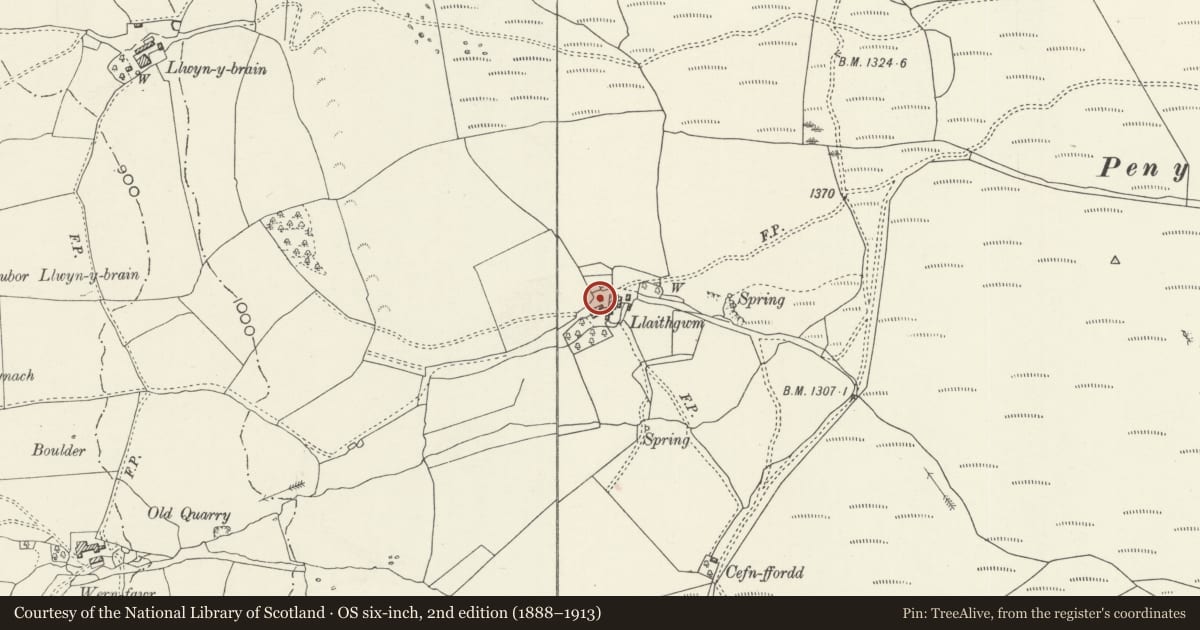 Ordnance Survey six-inch map, 2nd edition (1888–1913) covering the location of Stable Block at Llaithgwm, Llandderfel, Gwynedd, with a pin at the register's coordinates