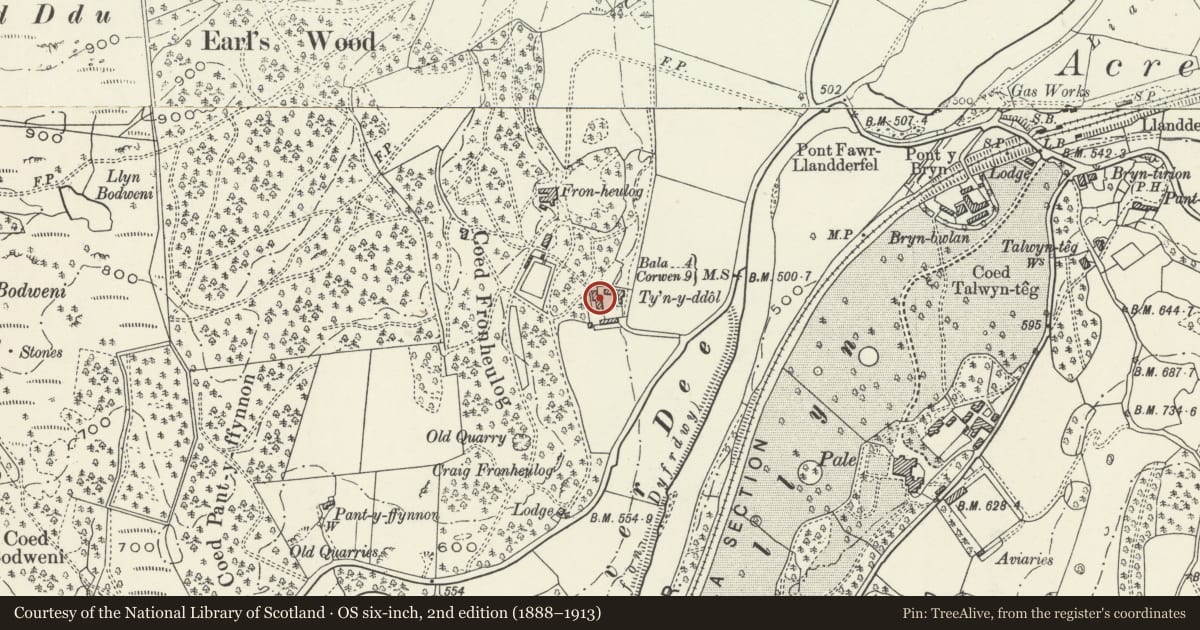 Ordnance Survey six-inch map, 2nd edition (1888–1913) covering the location of Barn Range at Ty'n-y-Ddol, Llandderfel, Gwynedd, with a pin at the register's coordinates